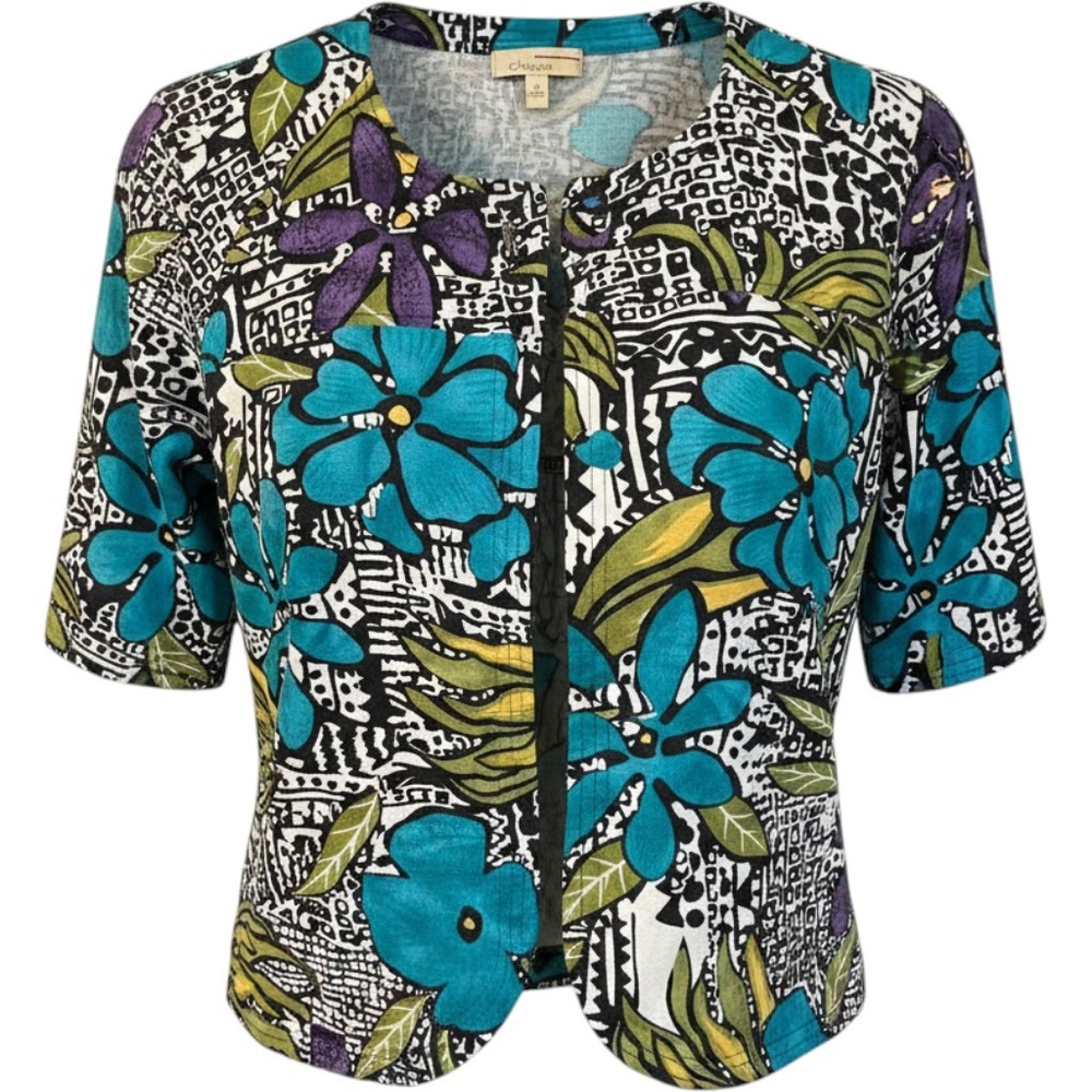 Choices Womens‎ 100% Linen Tropical Floral Geometric Jacket Teal Purple Small